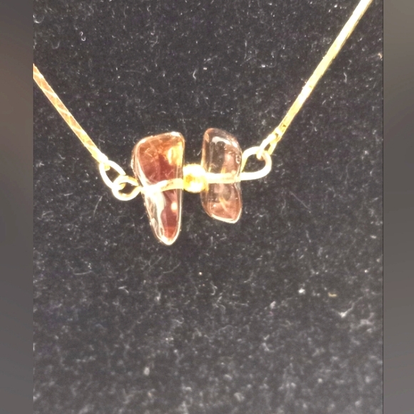 Gold Gemstone Chip Duo Cluster Necklace Faux Gemstone Gold Tone - Picture 1 of 7